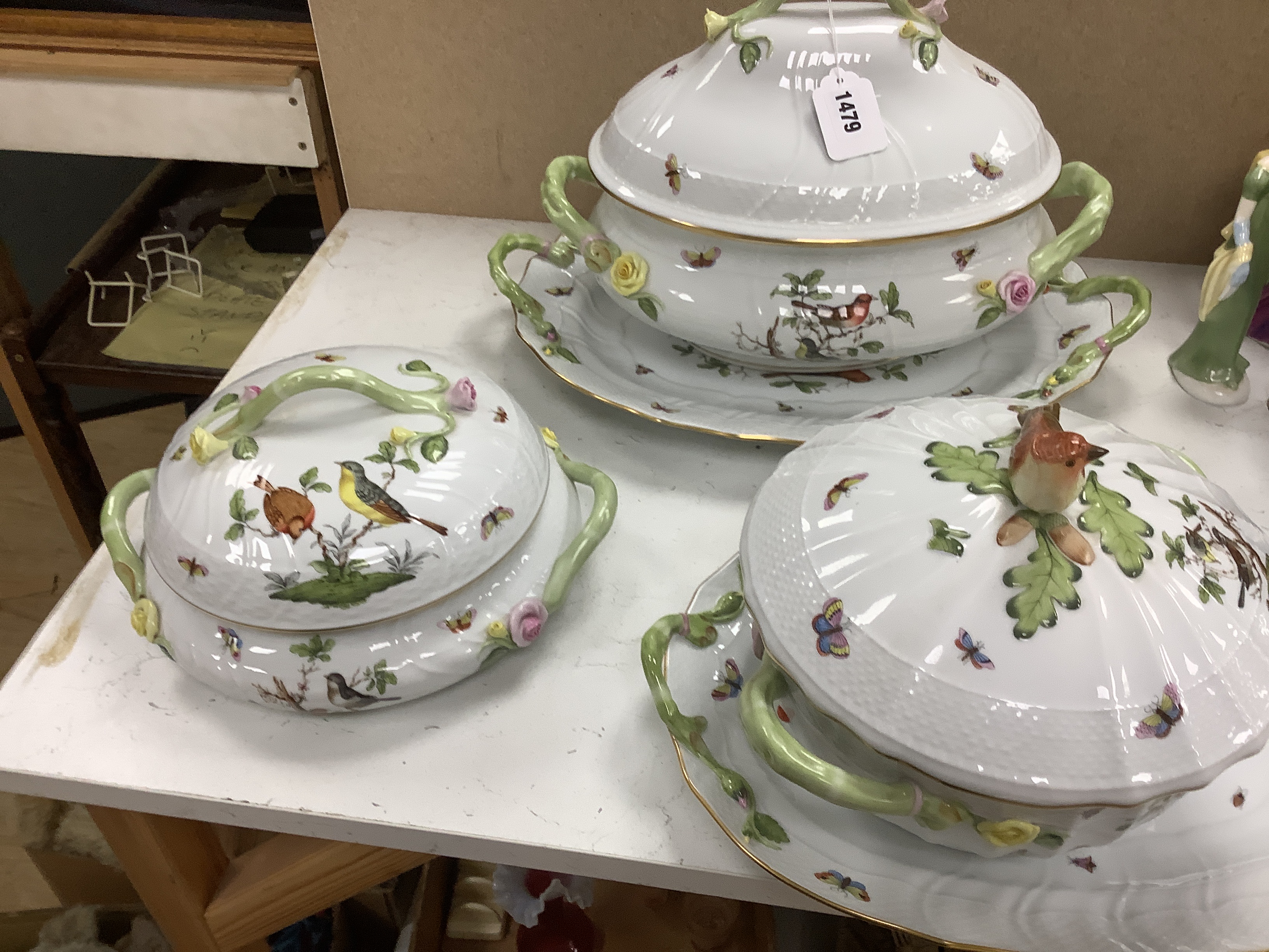A Herend Rothschild birds pattern soup tureen cover and stand, two vegetable tureens and an oval dish